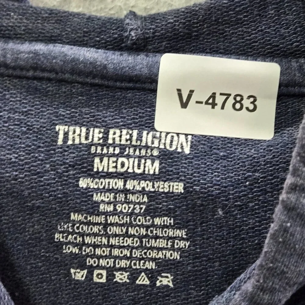 True Religion Men Sweatshirt Medium Blue Hoodie Logo Graphic Print Pullover